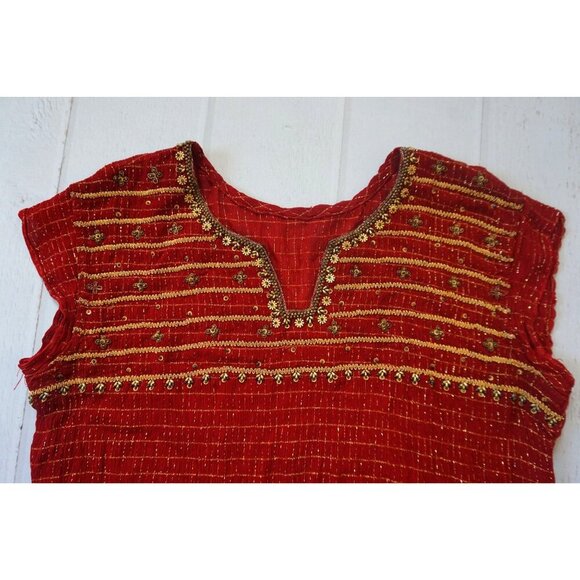 Indian Red Kurti Dress with Gold Embroidery & Tie-Dye Hem - Size M (6/8) - Picture 3 of 3